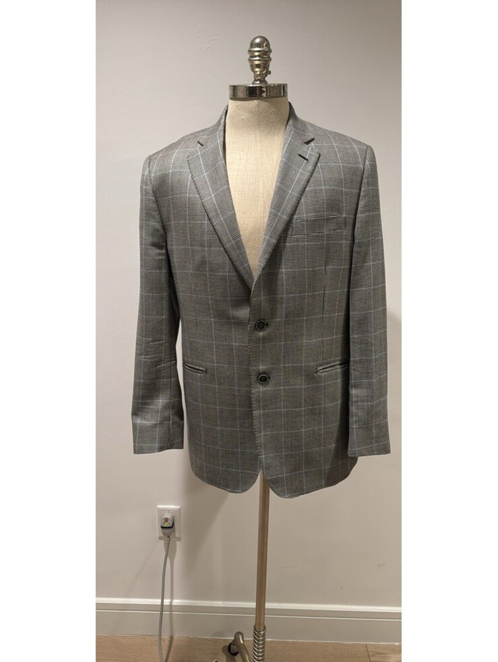 Lanificio di Pray Wool Houndstooth Plaid Blazer Gray Single-Breasted 42
